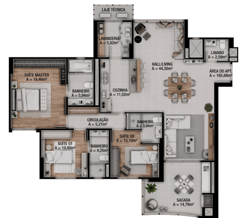 Planta Tipo 01 - 165,56 m² - 3 dormitórios - 2 vagas