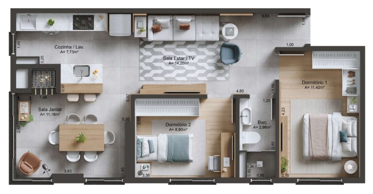 Planta Tipo 01 - 66,62 m² - 2 dormitórios - 2 vagas
