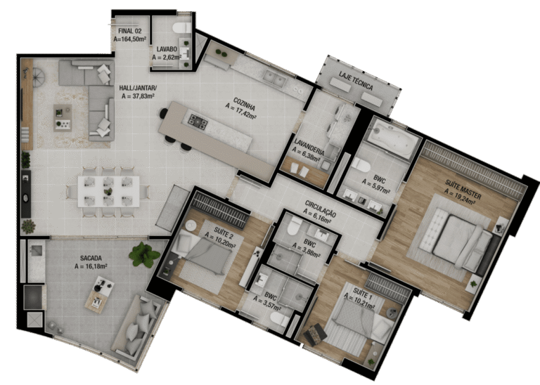 Planta Tipo 02 - 164,50 m² - 3 dormitórios - 2 vagas
