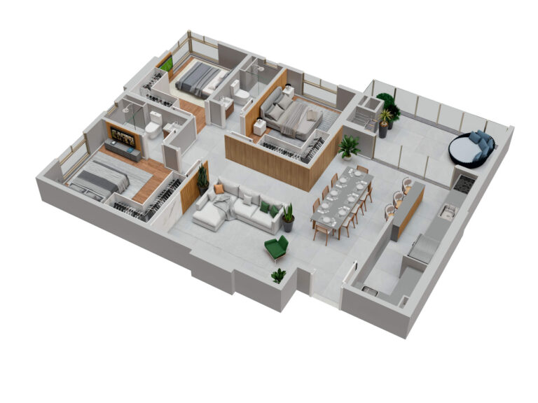 Planta Tipo 03 - 119,72 m² - 1 suíte + 2 dormitórios