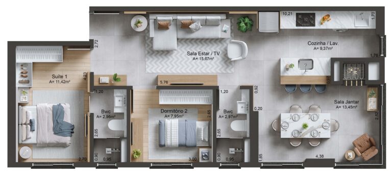 Planta Tipo 03 - 76,08 m² - Suíte + 1 dormitório - 2 vagas