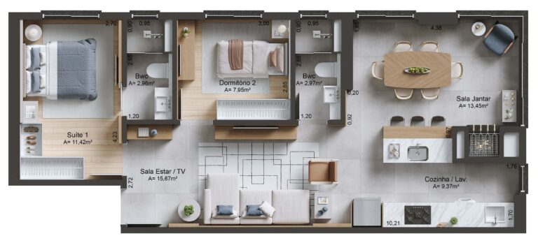 Planta Tipo 04 - 75,35 m² - Suíte + 1 dormitório - 2 vagas