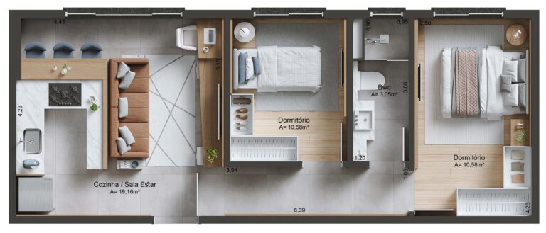 Planta Tipo 05 - 51,89 m² - 2 dormitórios - 2 vagas