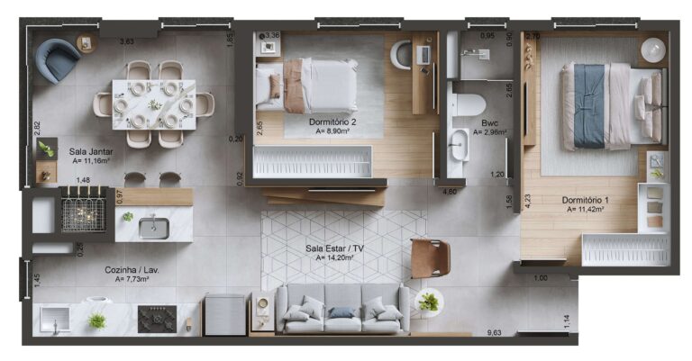 Planta Tipo 07 - 66,62 m² - 2 dormitórios - 2 vagas