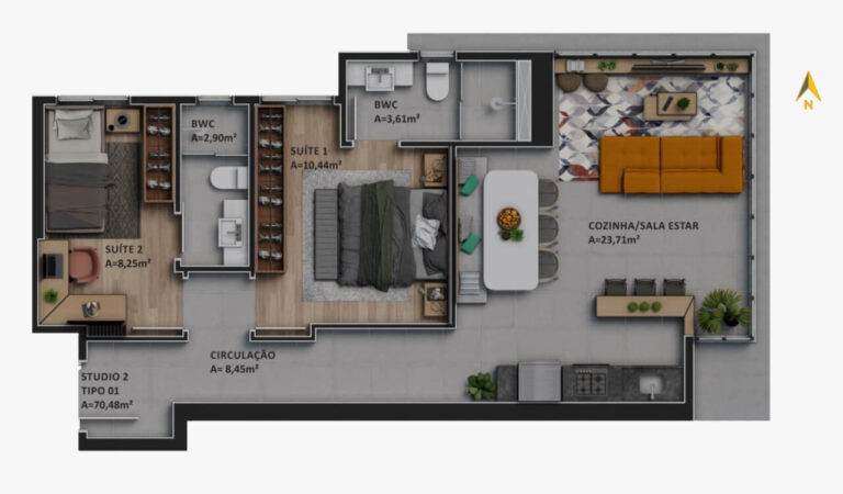Planta Tipo 01 - 70,84 m² - 02 dormitórios - 1 vaga