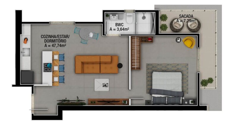 Planta Tipo 02 - 70,84 m² - 02 dormitórios - 1 vaga