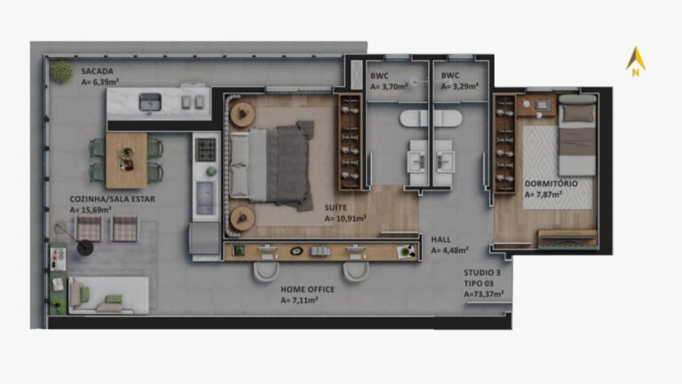 Planta Tipo 03 - 71,00 m² - 02 dormitórios - 1 vaga