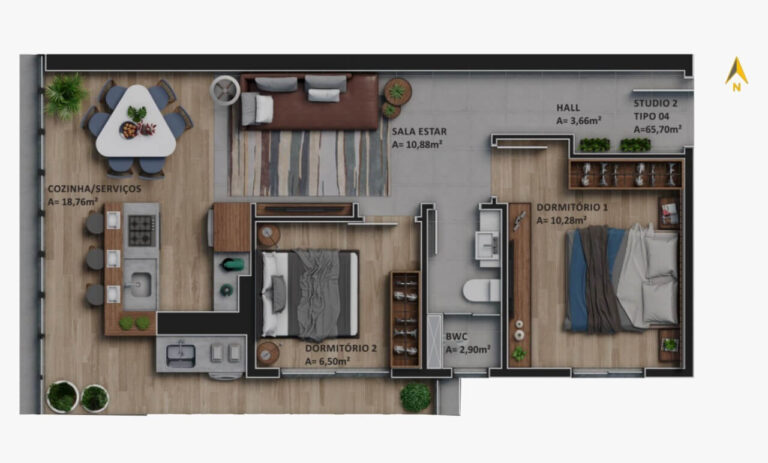 Planta Tipo 04 - 65,70 m² - 02 dormitórios - 1 vaga