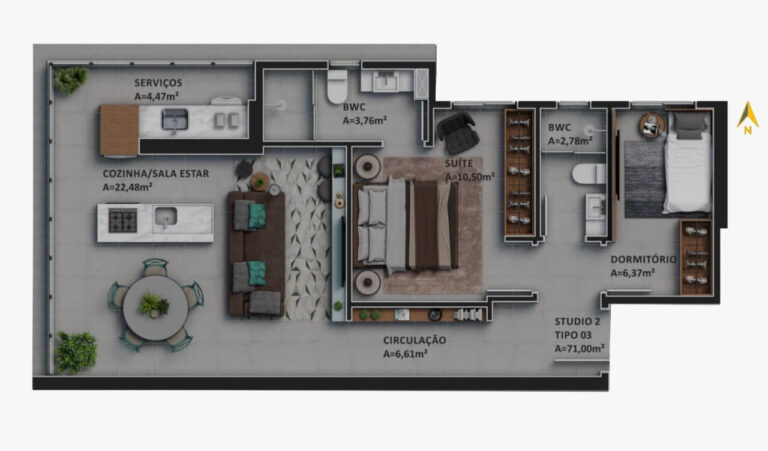 Planta Tipo 05 - 73,37 m² - 02 dormitórios - 1 vaga