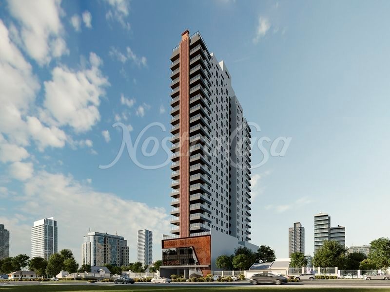 Edifício residencial moderno em área urbana, representando imóveis em negociação com memorial descritivo.