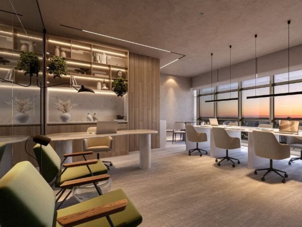 Sala comercial planejada com iluminação natural e design contemporâneo, destacando vantagens de investir em sala comercial.