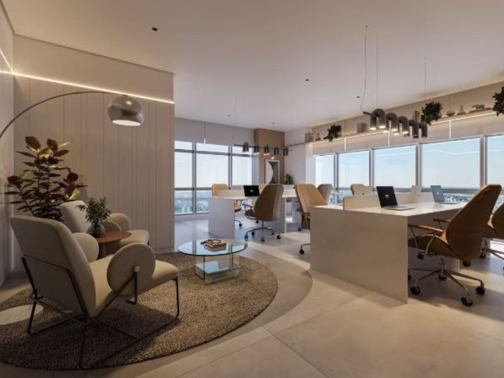 Escritório amplo com mobiliário elegante e área de convivência, exemplo de estrutura ao investir em sala comercial