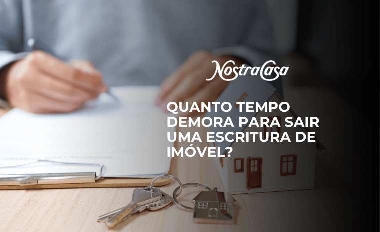 Maquete de casa sobre documentos com pessoas ao fundo e o título sobre o prazo para emissão da escritura de imóvel.