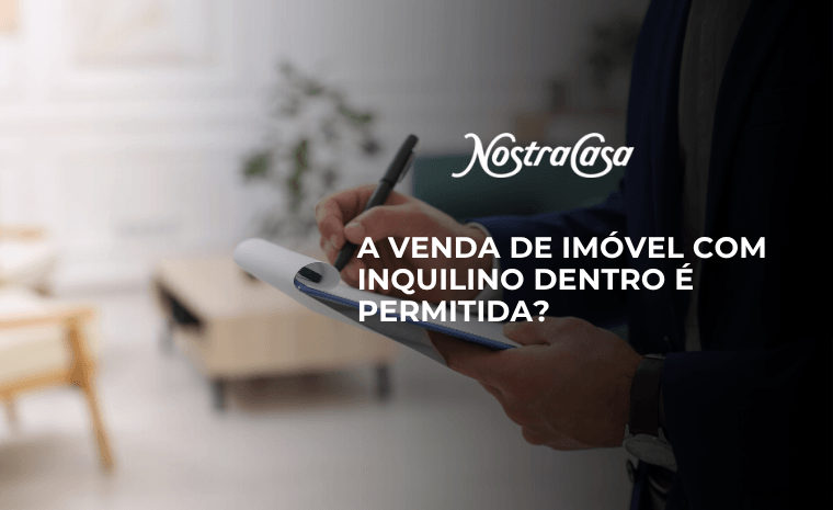 Arte com pessoa preenchendo documento e texto sobre a venda de imóvel com inquilino, tema central do conteúdo jurídico